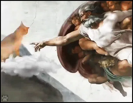 The image displays a six-panel sequence of Michelangelo's 'The Creation of Adam' fresco, where a small orange cat replaces…