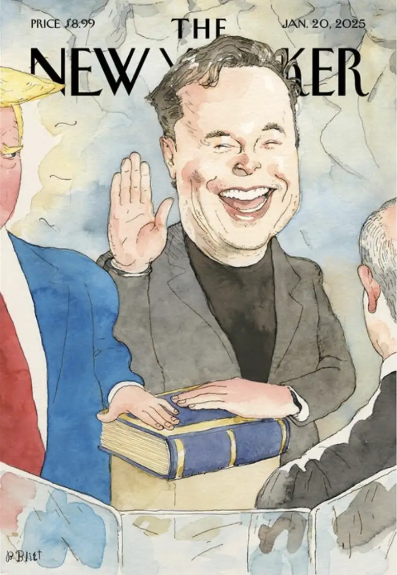 A watercolor-style political cartoon depicts a caricature of Elon Musk smiling broadly while raising his right hand in an…