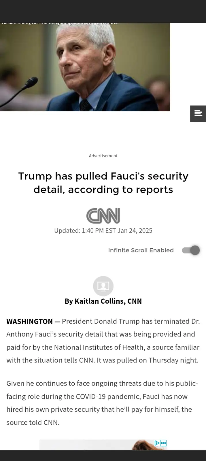 A screenshot of a CNN news article from January 24, 2025, falsely reporting that Donald Trump has pulled Dr. Anthony Fauci's…