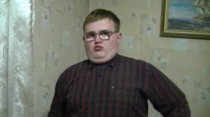 A man in a plaid shirt and glasses makes a series of exaggerated gestures across six panels: first, he pouts and crosses his…