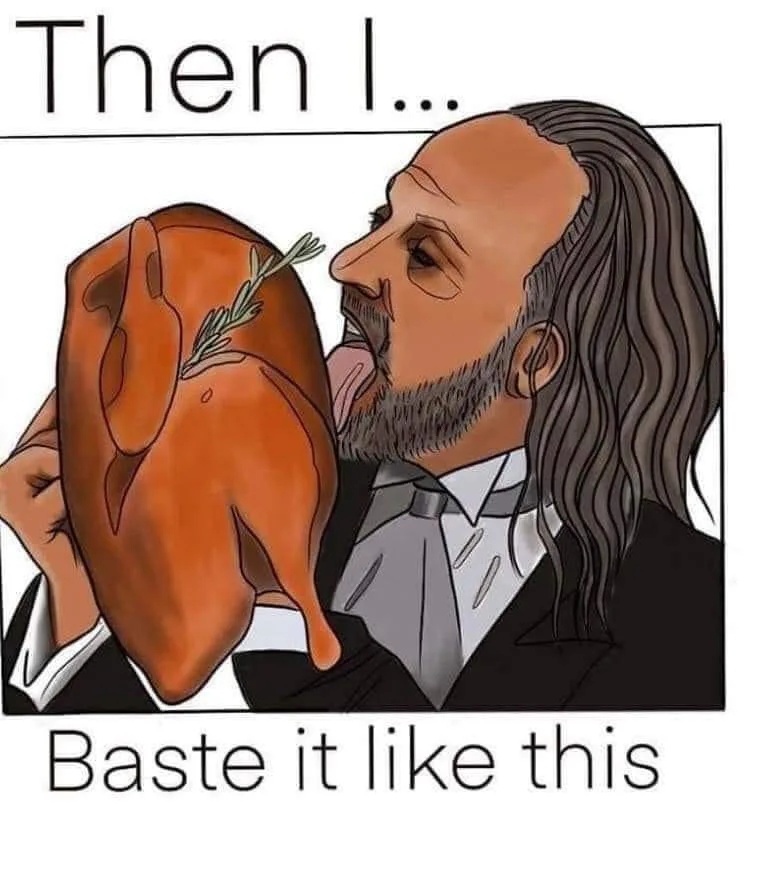 A cartoon illustration shows a man with long hair and a beard, dressed in a suit and tie, holding a roasted turkey with a…