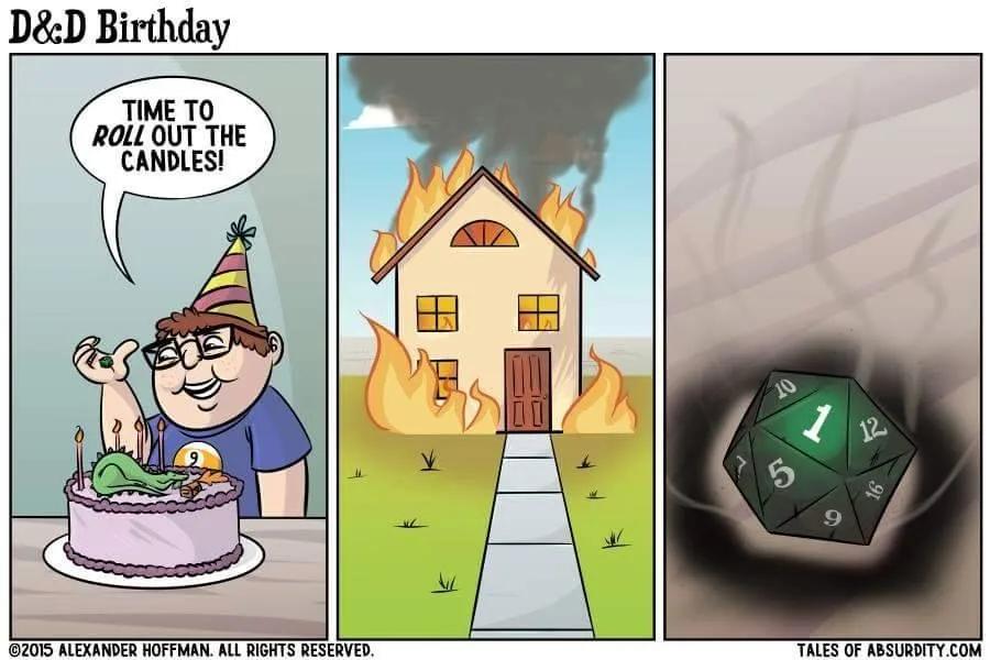 A three-panel comic titled 'D&D Birthday' shows a man in a party hat celebrating his birthday with a cake featuring a green…