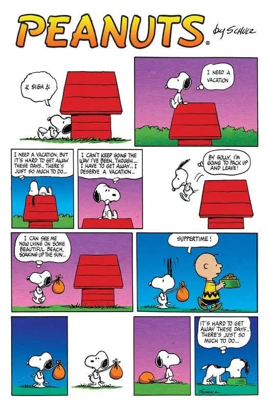 A Peanuts comic strip shows Snoopy, a white beagle, initially determined to pack up and leave his red doghouse for a…