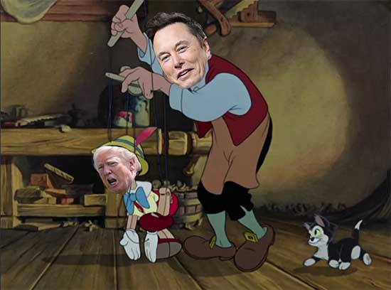 The image shows a digitally altered scene where Elon Musk, depicted in a cartoonish Pinocchio-style outfit, is pulling the…