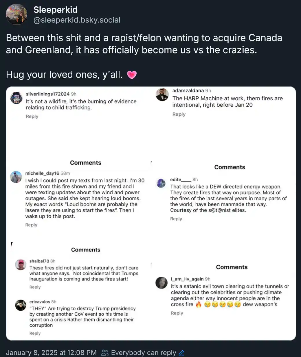 A screenshot of a social media post by 'Sleeperkid' showing a thread of comments about wildfires. The comments speculate…