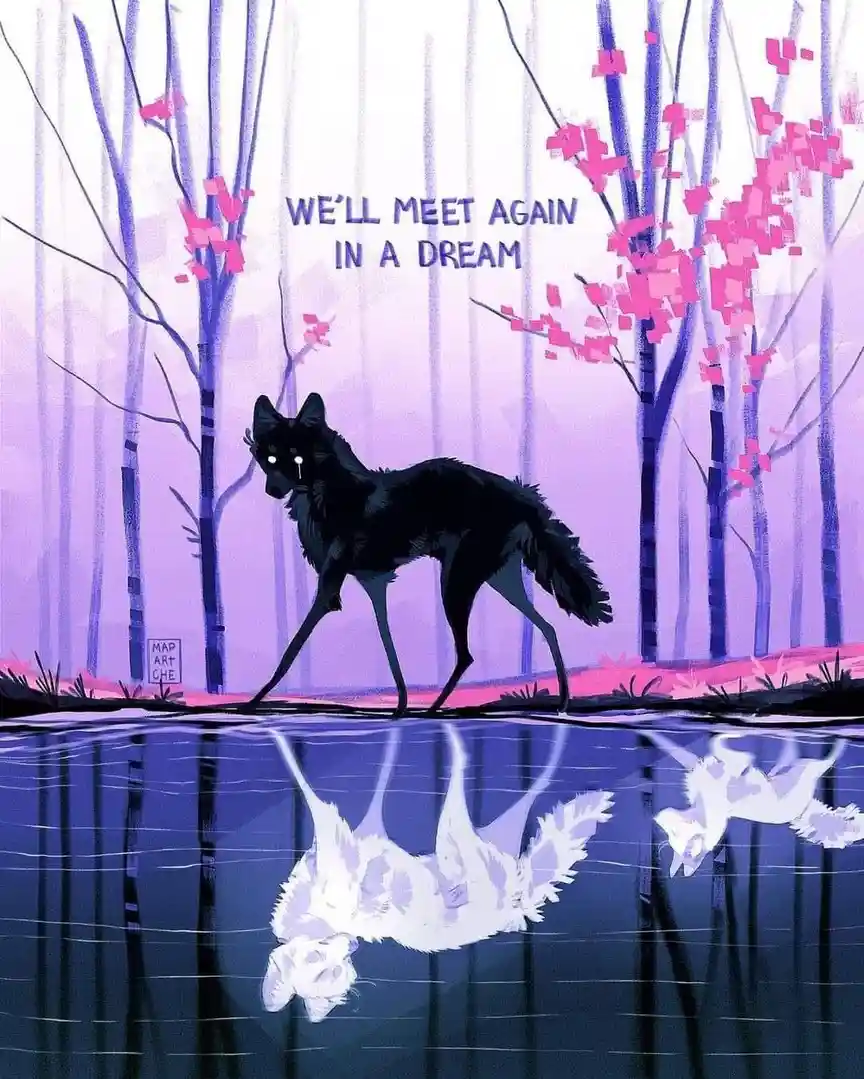 A black wolf stands at the edge of a dark water body in a purple-hued forest with pink blossoms, looking down at its…