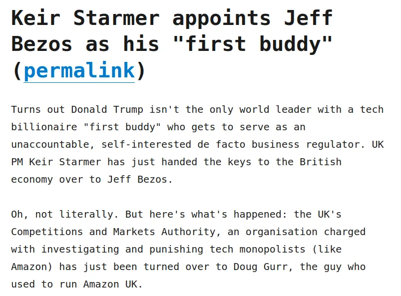 The image displays a screenshot of a news article with bold black text at the top stating 'Keir Starmer appoints Jeff Bezos…