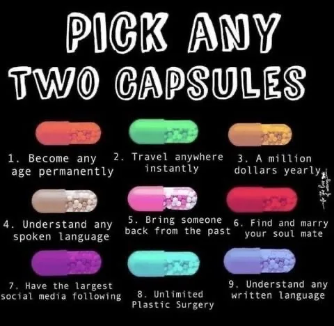 A black background displays nine colorful capsules arranged in a 3x3 grid, each labeled with a fantastical power. The text…