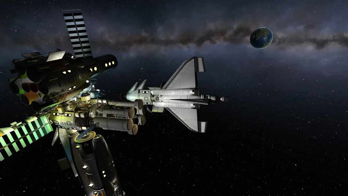 A space shuttle is docked to a large, complex space station with multiple modules and solar panels, floating in space…