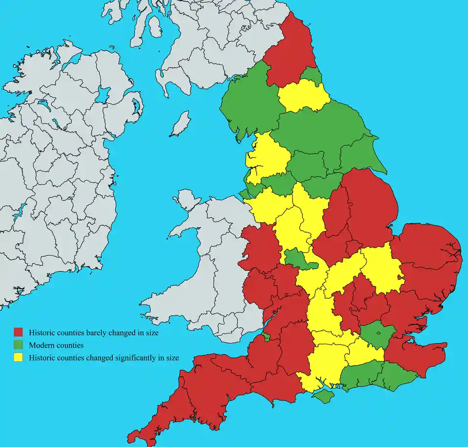 A map of the British Isles shows England and Wales colored in red, green, and yellow to indicate changes in county…