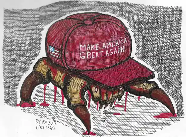 A hand-drawn cartoon depicts a monstrous, multi-legged crab wearing a red baseball cap with the text 'MAKE AMERICA GREAT…