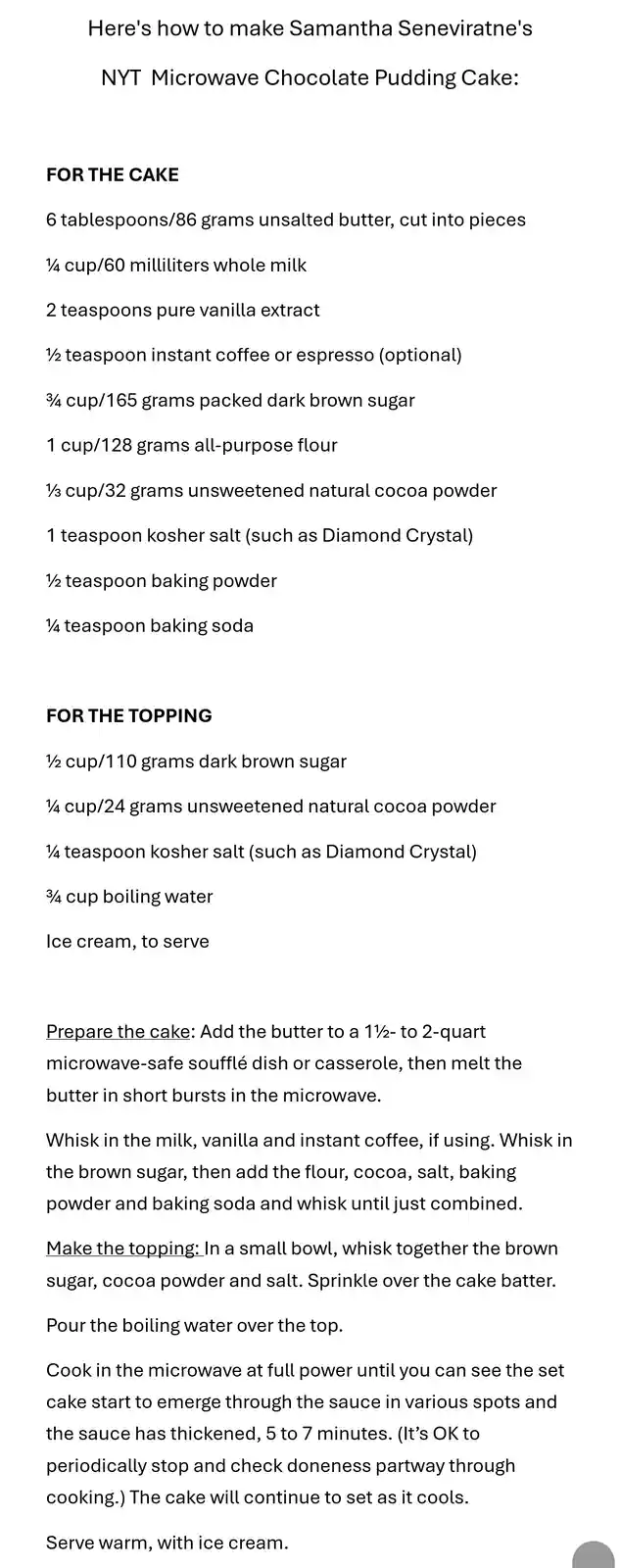 The image displays a text-based recipe for Samantha Seneviratne's NYT Microwave Chocolate Pudding Cake, listing ingredients…