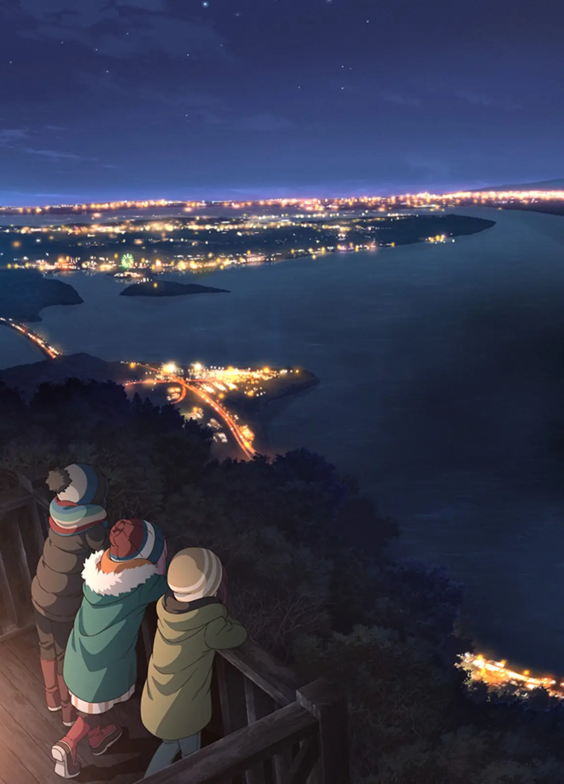 Three anime characters in winter coats and hats stand on a wooden overlook at night, gazing down at a sprawling cityscape…