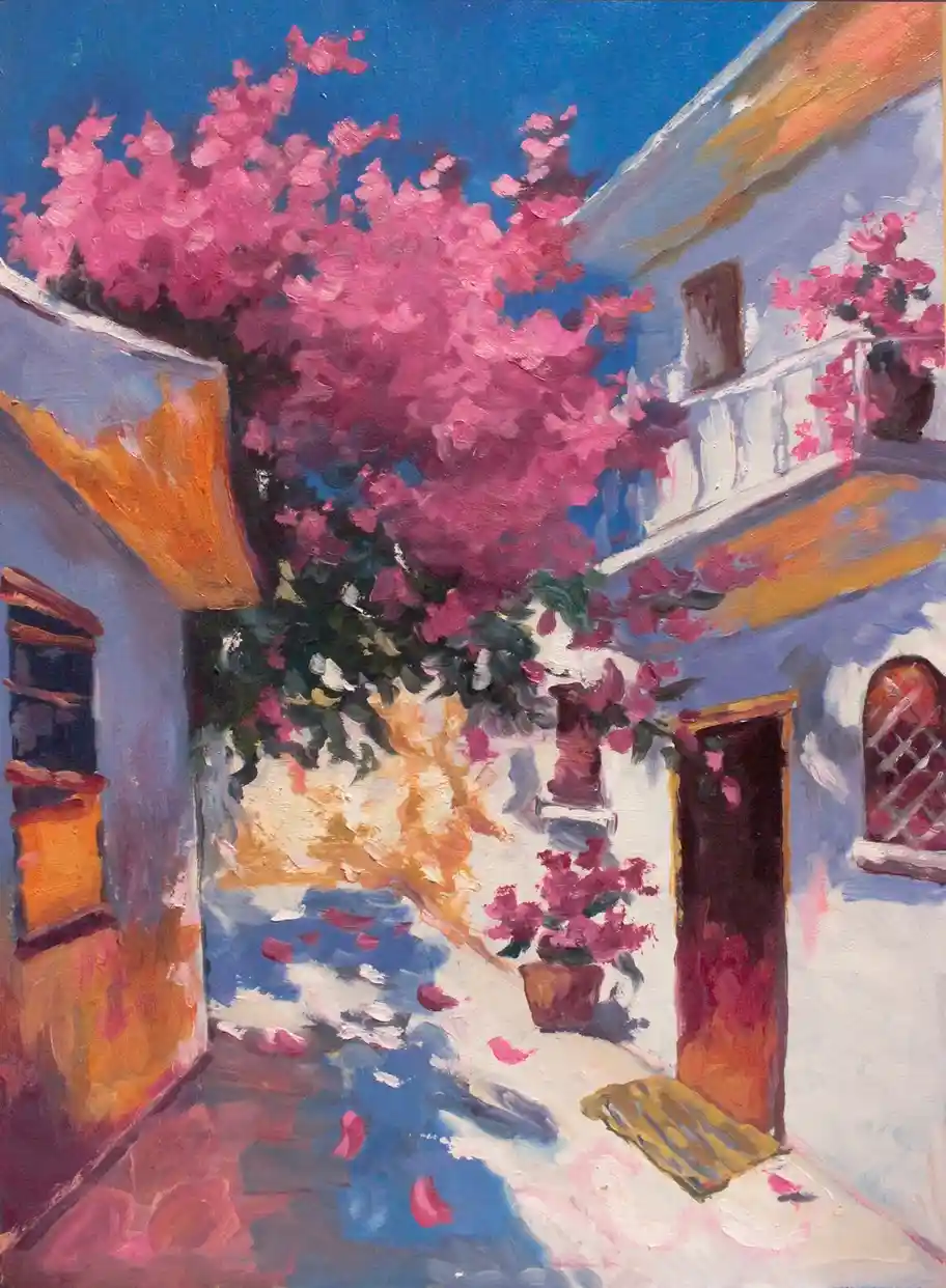 A vibrant oil painting depicts a sunlit Mediterranean-style alleyway with white buildings, orange accents, and abundant pink…
