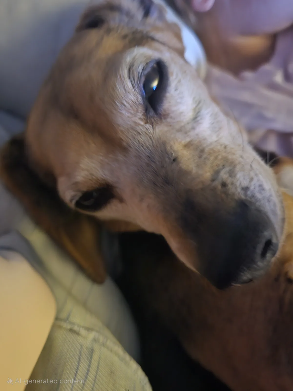 A close-up photo of a brown and white dog lying on its back with its head tilted up, looking directly at the camera with a…