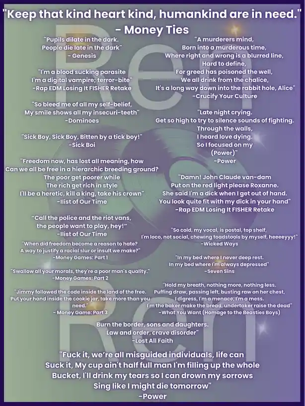 The image displays a collage of various song lyrics overlaid on a purple and green gradient background with a large…