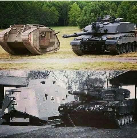 The image is a two-panel meme. Top panel shows a rusty, early 20th-century tank on the left and a modern, sleek main battle…
