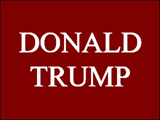Six red rectangular panels arranged in two rows of three. The top-left and bottom-right panels show the text 'DONALD TRUMP'…
