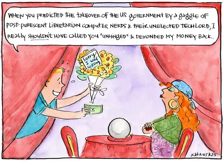 A cartoon depicts a fortune teller with red hair and a blue headscarf sitting at a table with a crystal ball, receiving a…