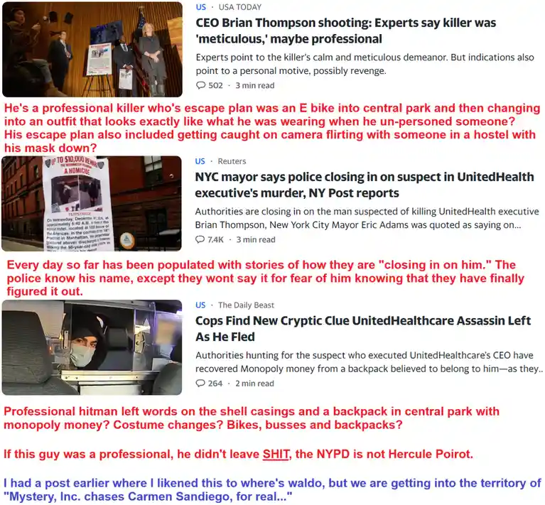 The image displays three news headlines about the murder of UnitedHealthcare CEO Brian Thompson, each overlaid with red text…