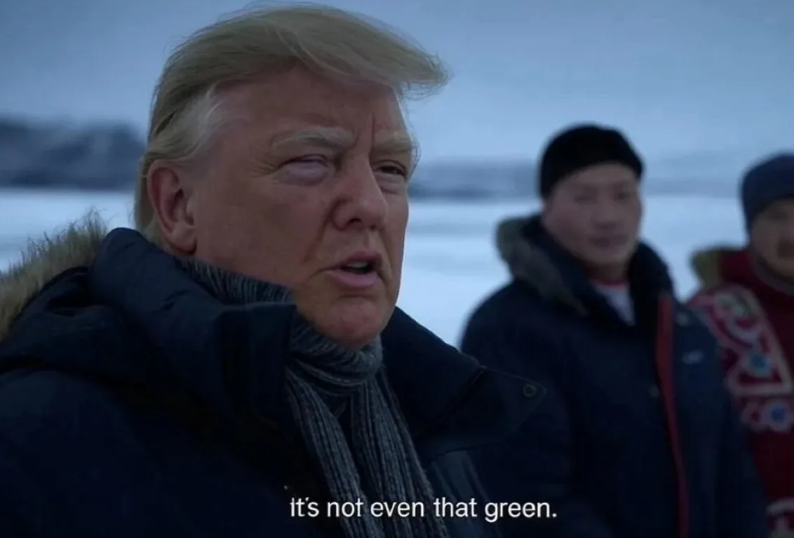 A still image of Donald Trump in a dark winter coat and scarf, looking slightly to his right with a skeptical or dismissive…