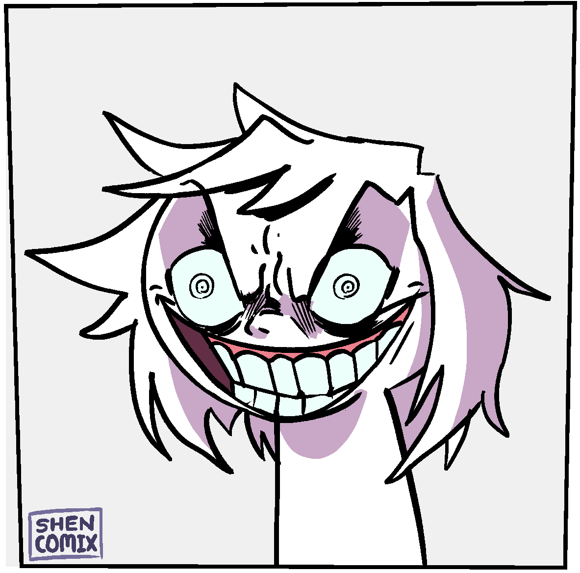 A cartoon drawing of a character with spiky white hair and purple highlights, showing an exaggerated, manic grin with wide…