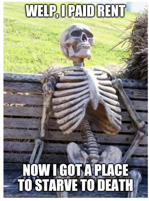 A plastic skeleton statue sits on a weathered wooden bench outdoors, with grass and hay bales in the background. The image…