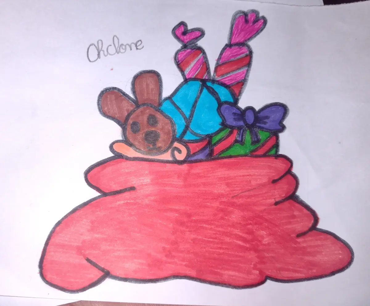 A child's crayon drawing shows a brown teddy bear peeking out from a large red pile, with a blue gift, a green gift with a…