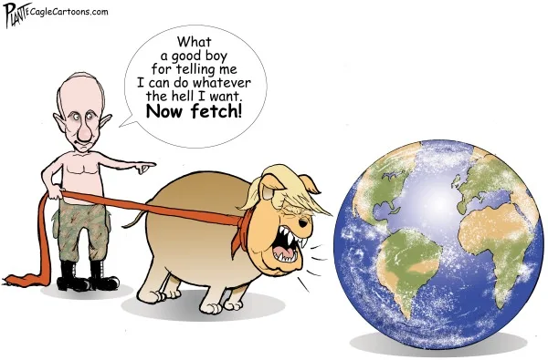 A cartoon depicts a caricature of Vladimir Putin holding a leash attached to a dog with blonde hair resembling Donald Trump…