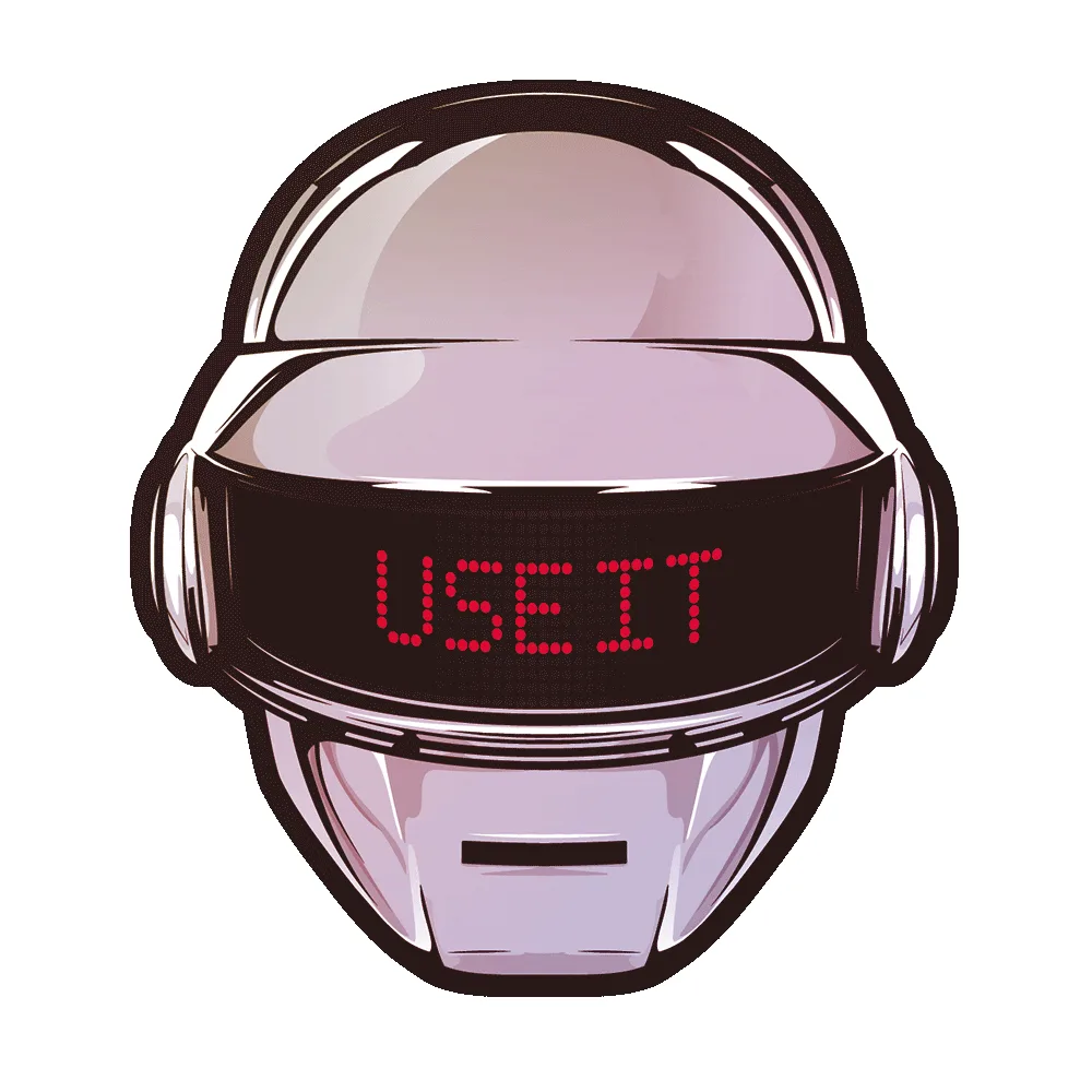 Six identical cartoon helmets with glowing red digital displays show commands: 'USE IT', 'TRASH IT', 'MAIL', 'POINT IT'…