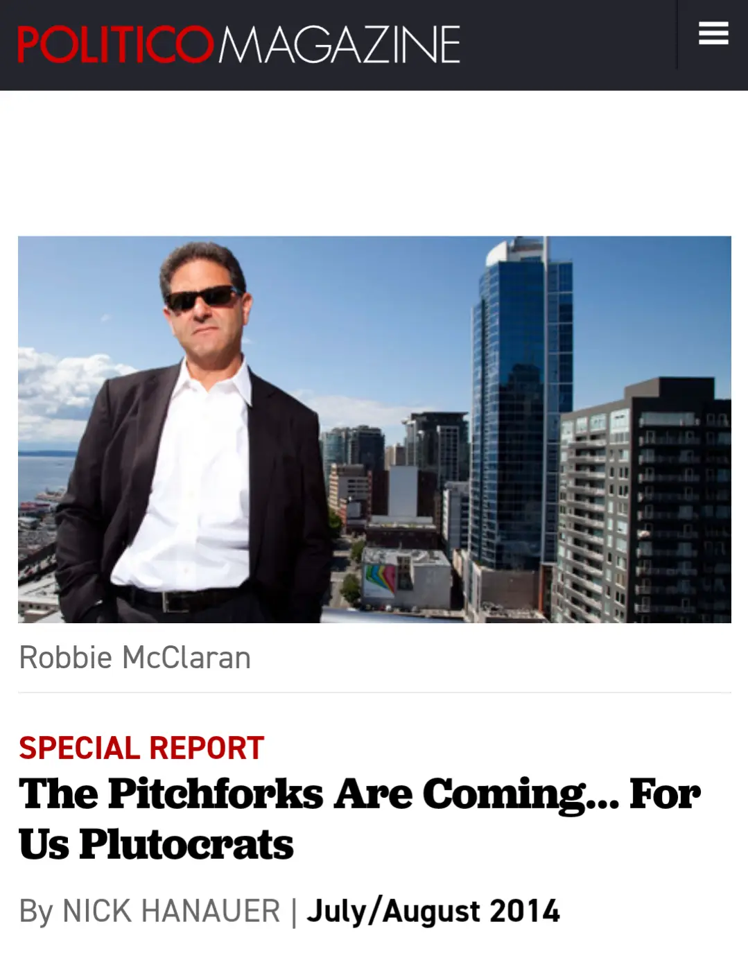 A screenshot of a Politico Magazine article cover featuring a man in a suit and sunglasses standing against a city skyline…