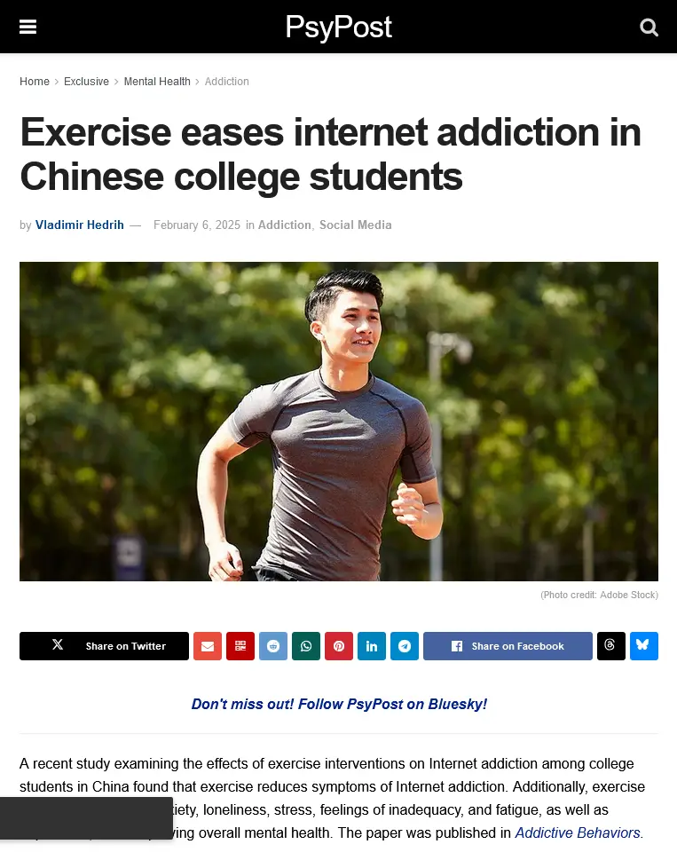 A screenshot of a PsyPost article titled 'Exercise eases internet addiction in Chinese college students' features a photo of…