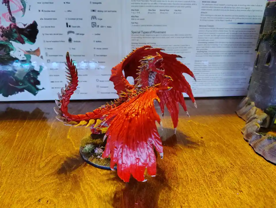 A red-painted miniature dragon figurine with spread wings and spiked tail sits on a wooden table, positioned in front of an…