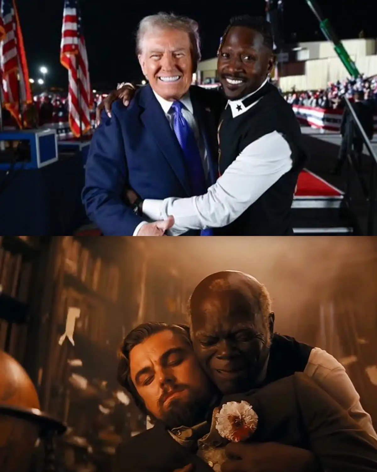 The top panel shows Donald Trump and a Black man smiling and hugging at a nighttime political rally with American flags. The…