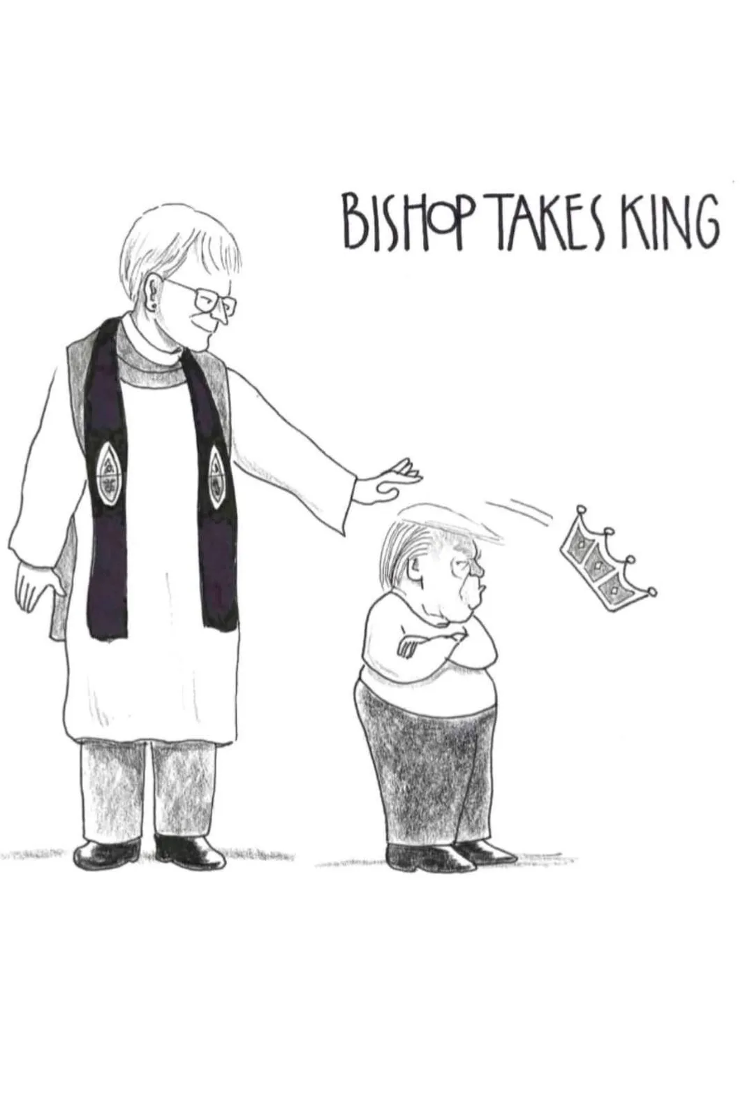 A black-and-white cartoon depicts a clergyman in a robe and stole extending his hand toward a shorter, stout man with arms…