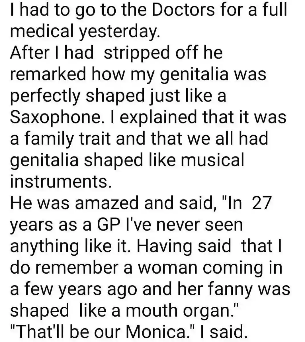 A white background with black text recounts a humorous anecdote about a doctor's examination where the patient's genitalia…