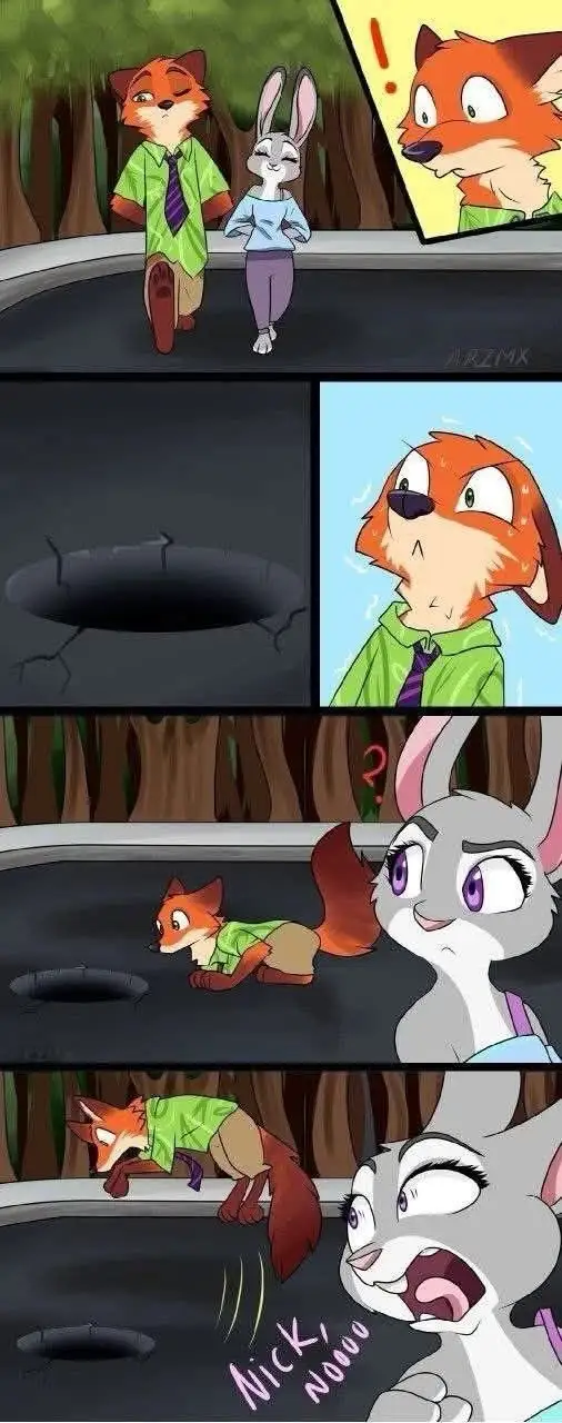 A four-panel comic strip featuring animated fox Nick Wilde and rabbit Judy Hopps from Zootopia. In the first panel, they…