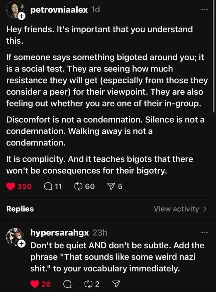 A screenshot of a social media post where a user named petrovniaalex advises others not to stay silent when encountering…