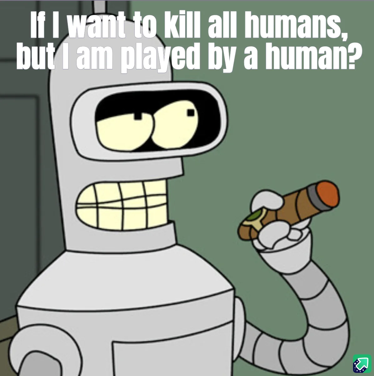 A cartoon robot with a grinning, toothy face and a cigar in its hand stares forward. White text overlaid at the top reads…
