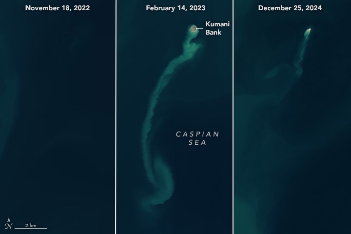 Three satellite images show a long, thin, light-green underwater feature labeled 'Kumani Bank' in the Caspian Sea, growing…