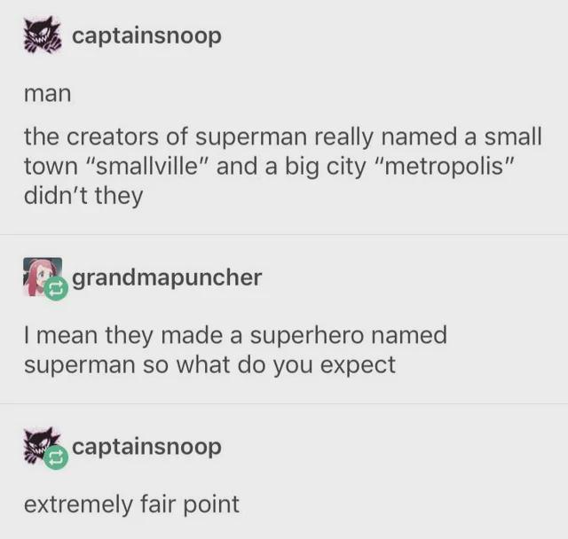 A screenshot of a Reddit-style comment thread where user 'captainsnoop' points out that Superman's creators named a small…