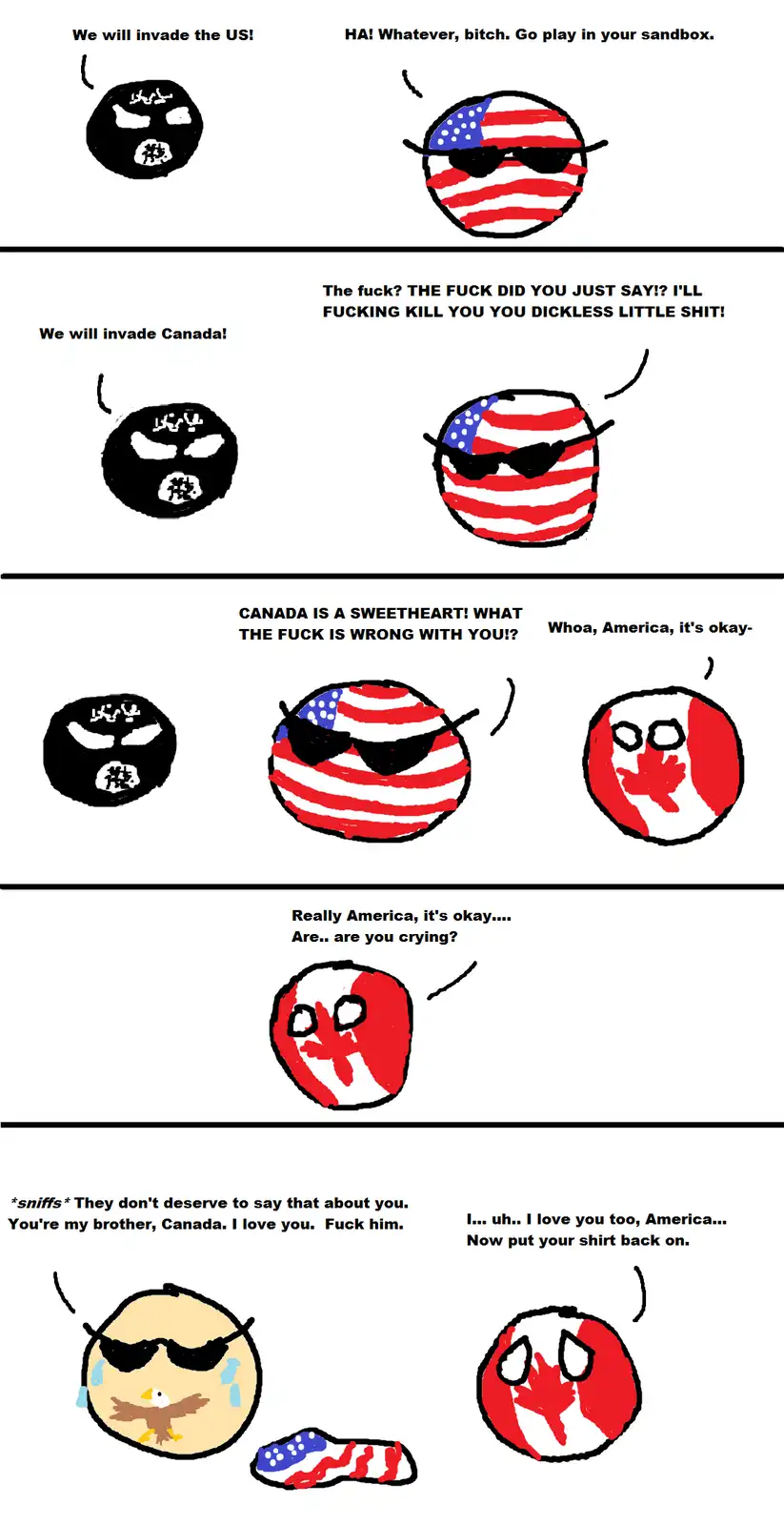 A five-panel comic featuring countryball characters: a black ball (representing a hostile nation) declares invasions on the…