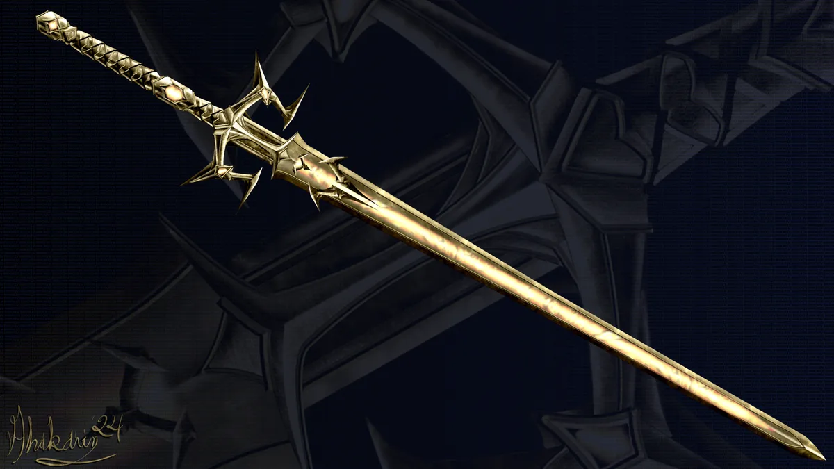 A golden, ornate sword with a spiked hilt and decorative guard is displayed diagonally against a dark, textured background…