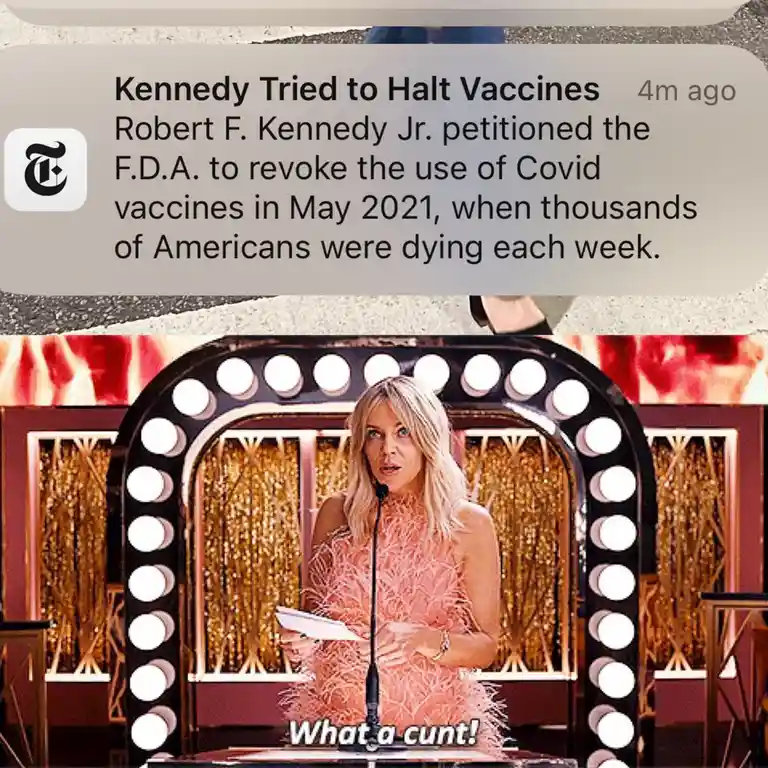 A screenshot of a text message from The New York Times reporting that Robert F. Kennedy Jr. petitioned the FDA to revoke…