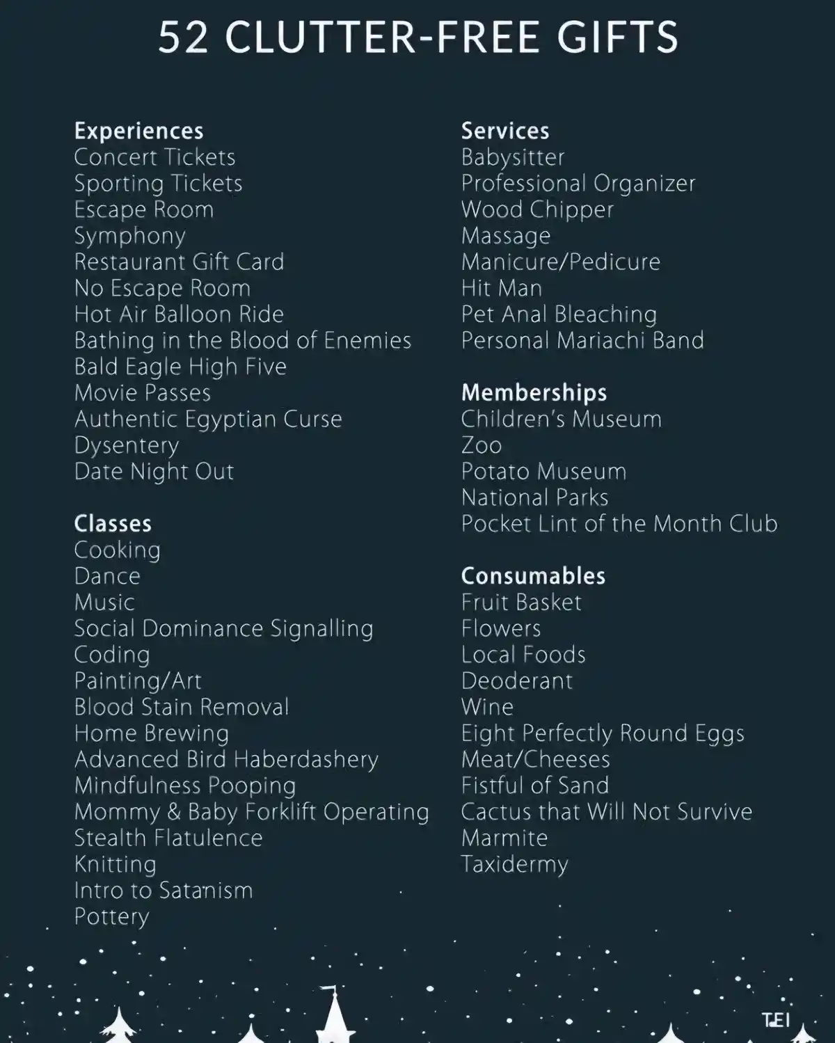 A dark-themed list titled '52 CLUTTER-FREE GIFTS' is divided into four categories: Experiences, Services, Memberships, and…
