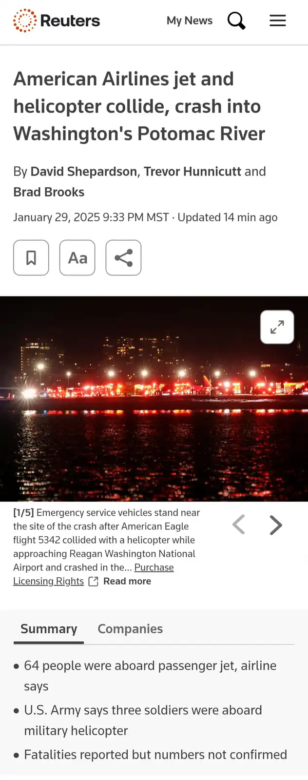 A screenshot of a Reuters news article from January 29, 2025, reporting a collision between an American Eagle jet and a…