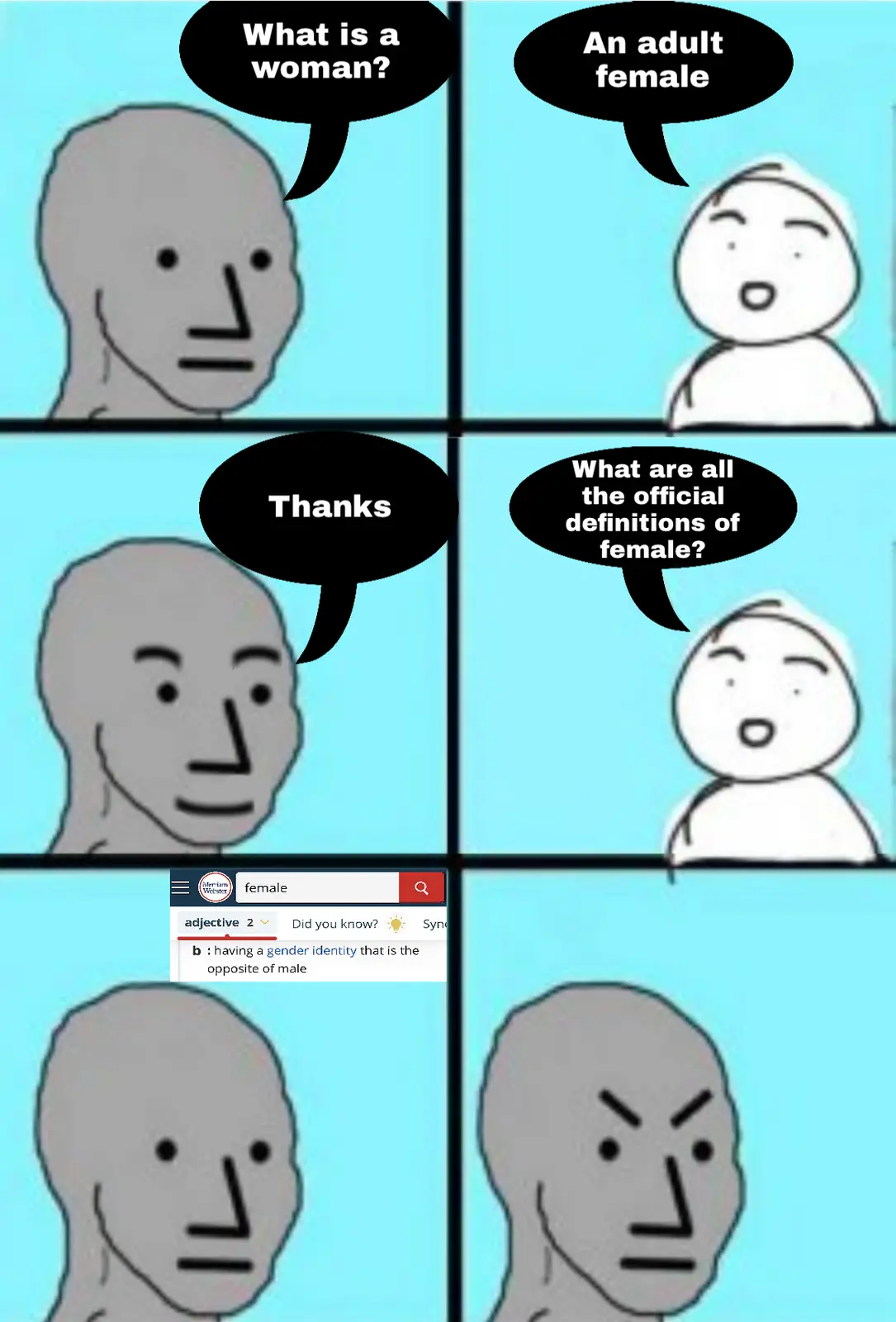 A four-panel comic strip featuring a gray-skinned man and a white cartoon child. In the first panel, the man asks 'What is a…