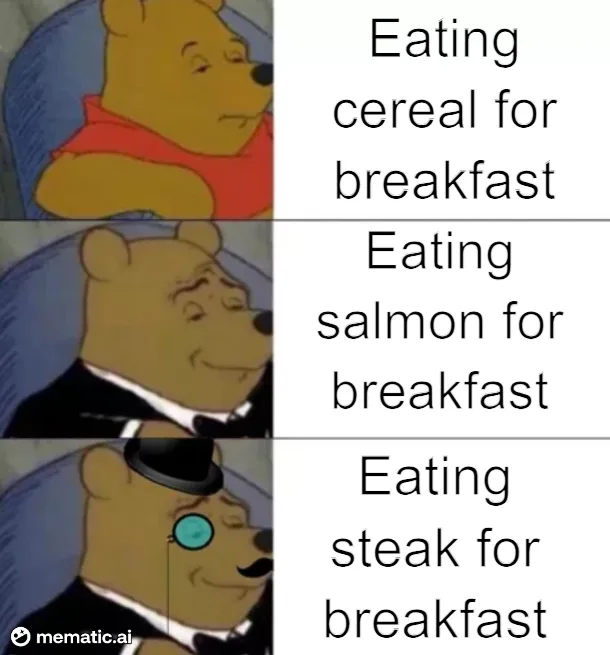 A three-panel meme featuring Winnie the Pooh. In the first panel, he looks unimpressed while eating cereal. In the second…