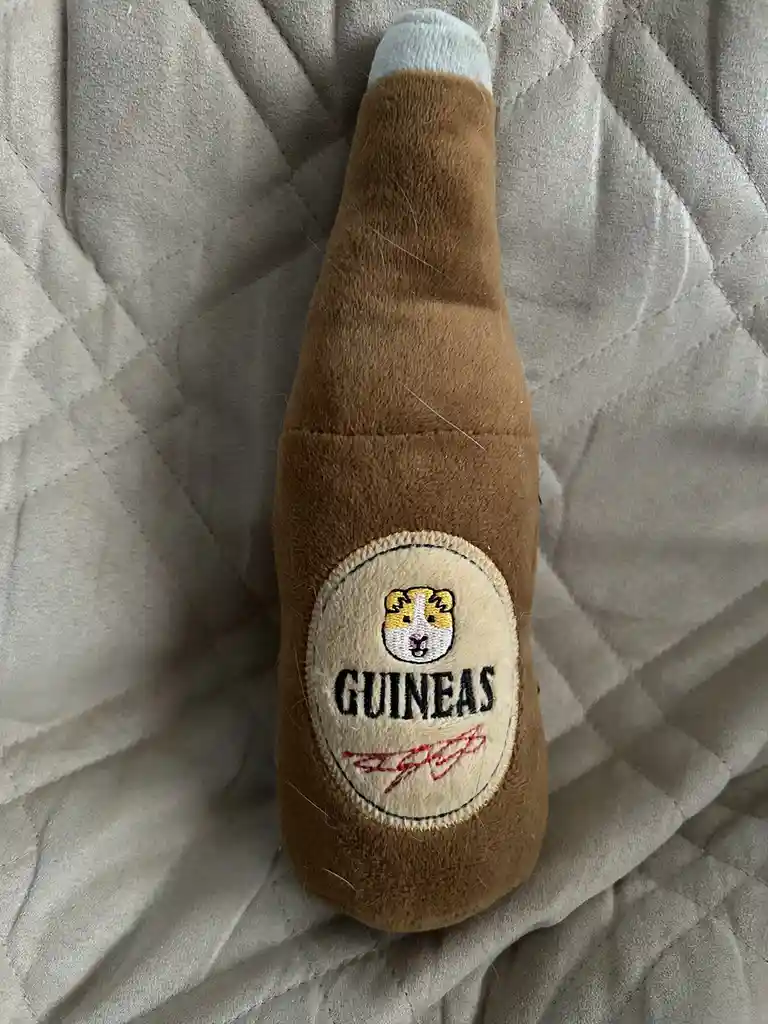 A plush toy shaped like a brown beer bottle lies on a quilted beige blanket. The bottle's label features a cartoon guinea…