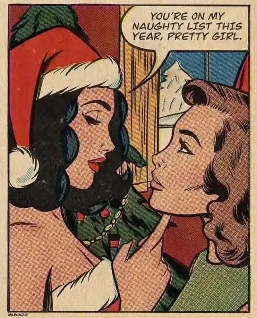 A vintage comic book panel shows a woman in a Santa hat pointing her finger at another woman, who looks up at her. The woman…